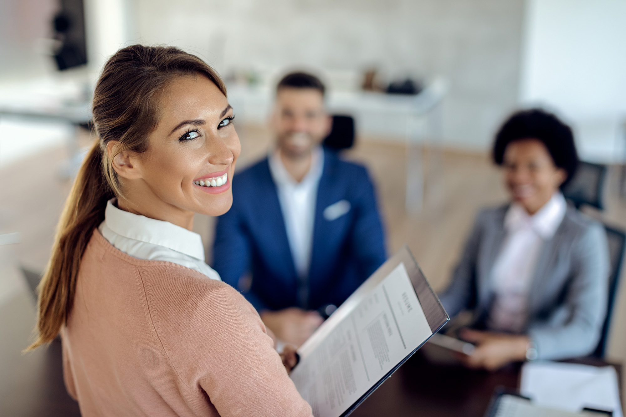 young happy woman having job interview office web